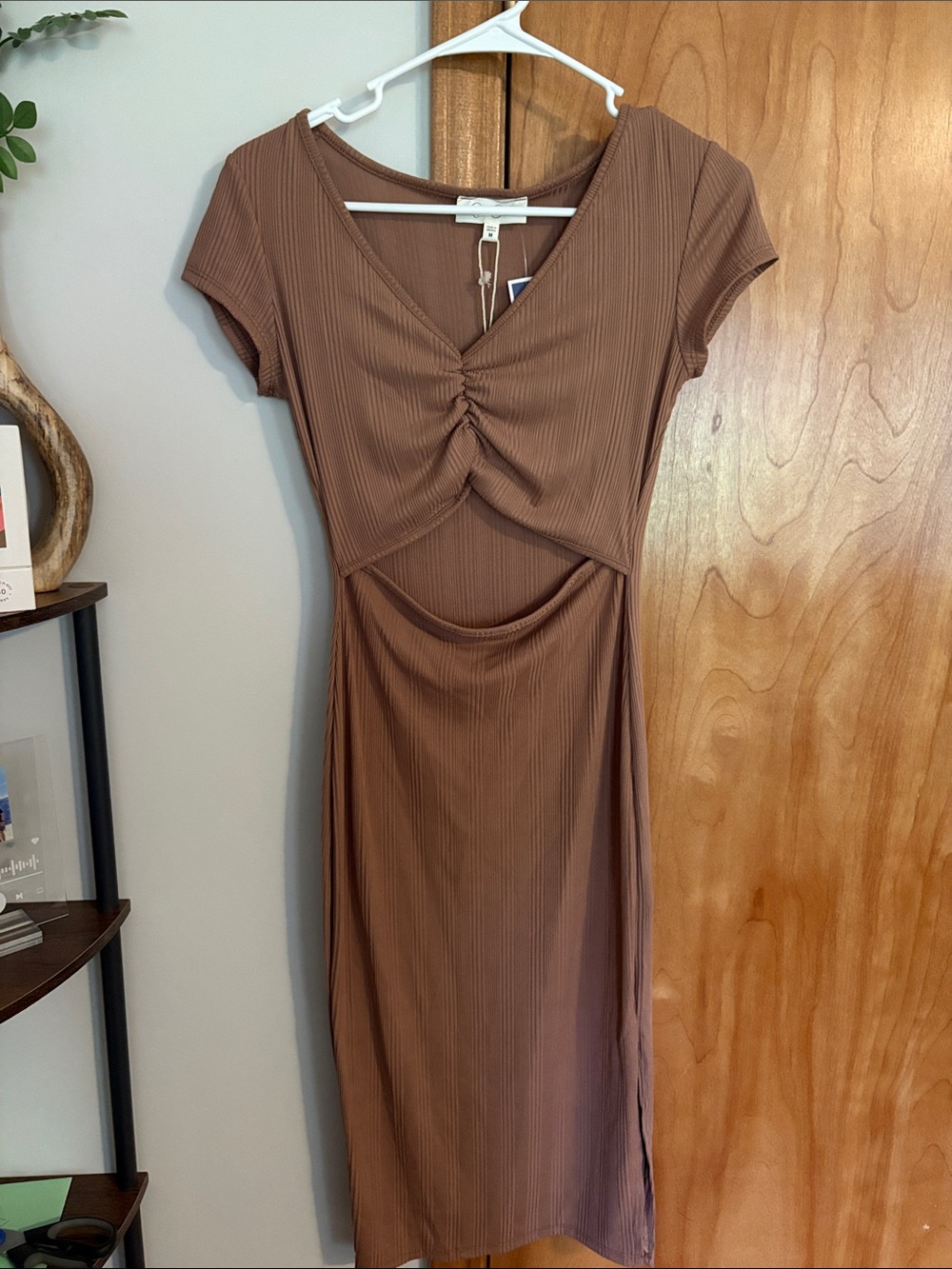 Jessica Simpson Brown Ribbed Midi Dress with Twist Front & Cutout